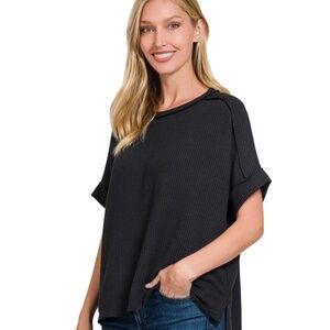 "The Tara" Black Oversized Corded Ribbed Raw Edge Top